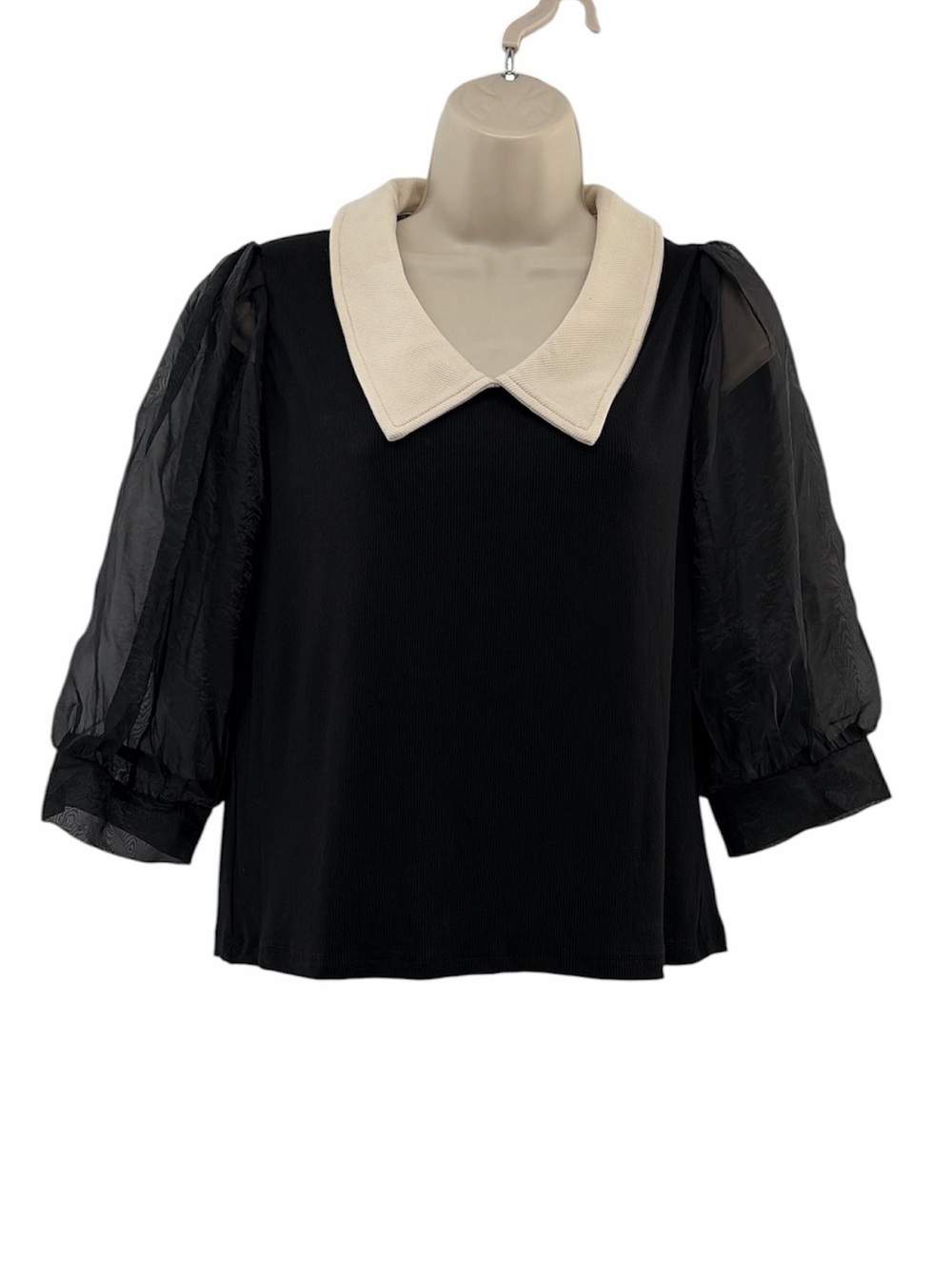 Friful Women’s Black Top with Cream Peter Pan Collar & Sheer Puff Sleeves Size M